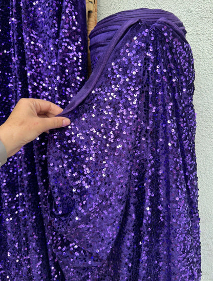 Violet Sequins on Stretch Velvet Fabric, Luxury Violet Sequined Fabric by the yard for Dresses Gowns, Bows, Dance Wear, 2 Way Stretch Velvet - from Gala Textile